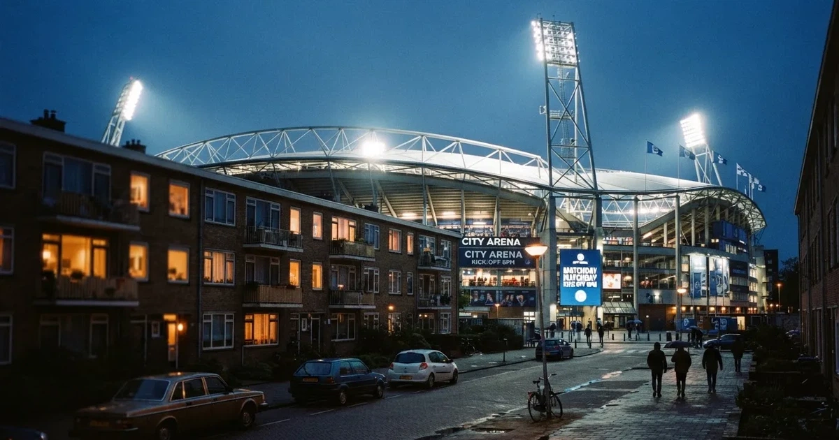 Ein Fußballstadion bei Flutlicht aus der Ferne gesehen, davor eine Straße und leuchtende Fenster eines Nebengebäudes.