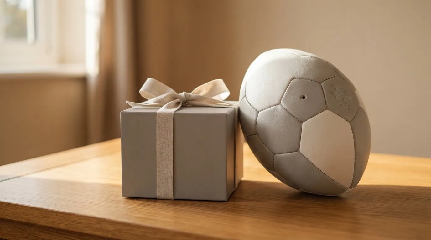 Ein kleines Geschenkpaket mit Schleife steht auf einem Holztisch neben einem Fußball.