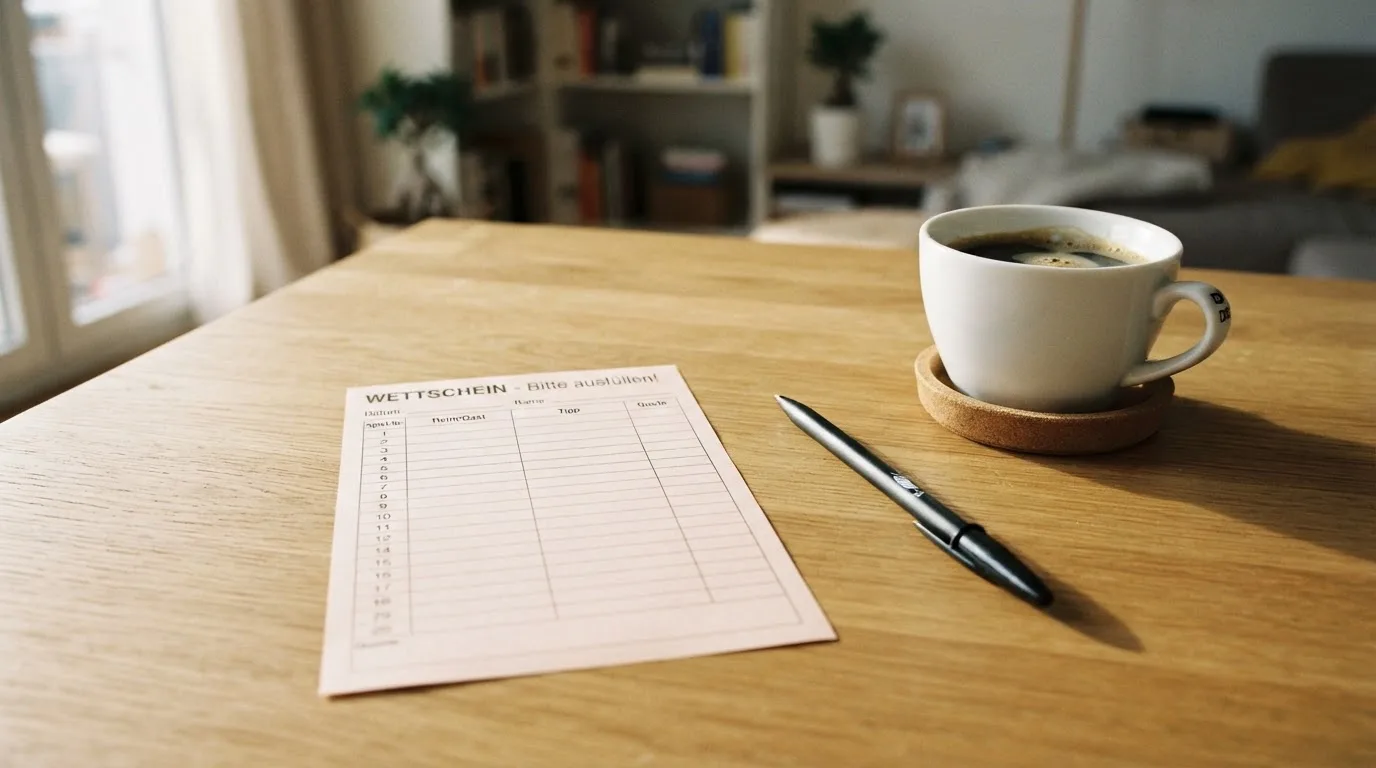 Ein leerer Wettschein aus Papier liegt neben einem Kugelschreiber und einer Tasse auf einem hellen Holztisch.