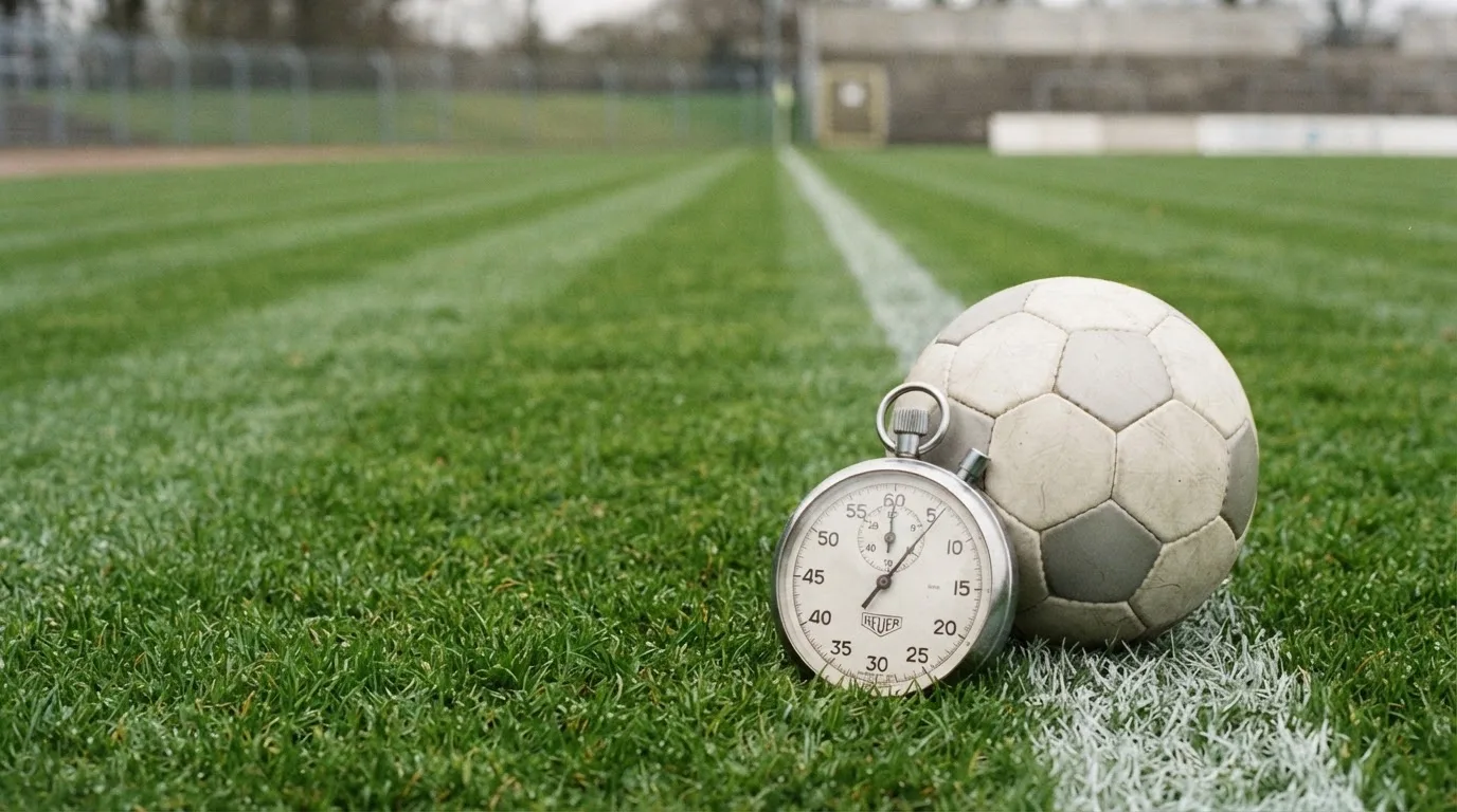 Eine Stoppuhr liegt neben einem Fußball am Seitenrand eines Rasenplatzes im Gras.