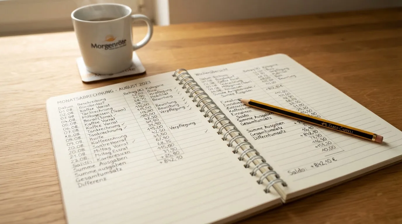 Ein aufgeschlagenes Notizbuch mit handschriftlichen Zahlenreihen und ein Bleistift liegen auf einem Schreibtisch neben einer Kaffeetasse.