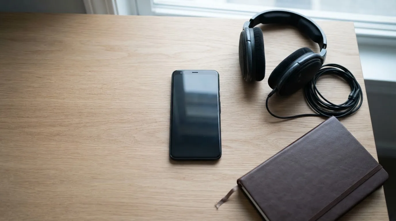 Ein Smartphone mit dunklem Display liegt auf einem Tisch neben Kopfhörern und einem Notizbuch.