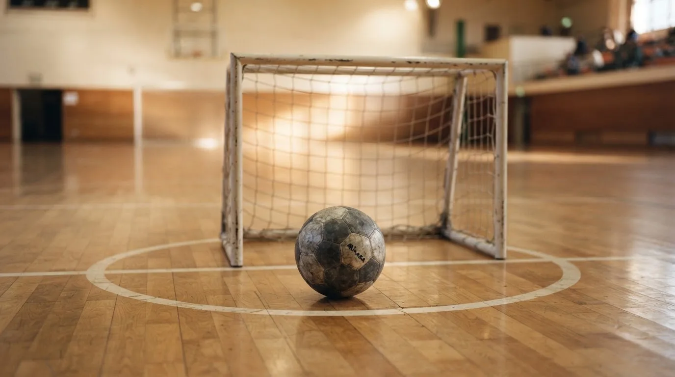 Ein kleiner schwerer Ball liegt in einer Halle auf dem Parkett vor einem Tor, warmes Licht aus den Deckenstrahlern.