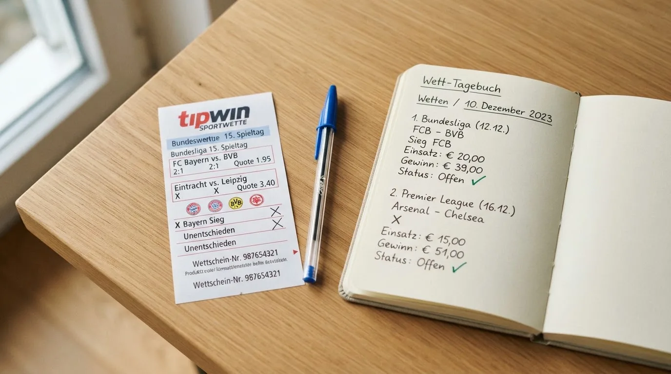 Ein leerer Papierwettschein und ein Kugelschreiber liegen auf einer glatten Schreibtischplatte neben einem Notizbuch.