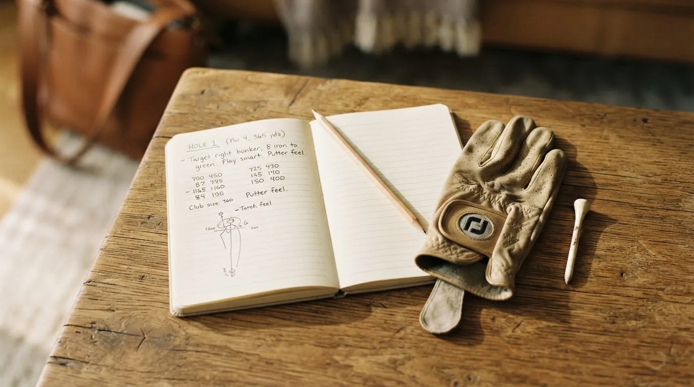 Ein Notizbuch mit handschriftlichen Notizen und ein Bleistift liegen neben einem Golfhandschuh und einem Tee auf einem Holztisch.