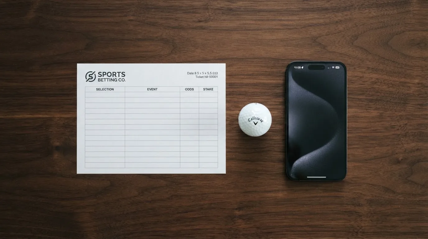 Ein leerer Wettschein aus Papier liegt neben einem Smartphone mit dunklem Display auf einem Tisch, daneben ein einzelner Golfball.