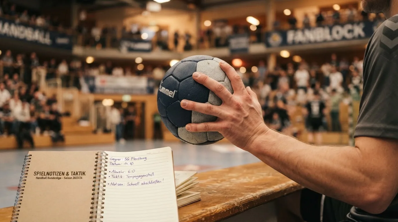 Eine Hand hält einen Handball, im Hintergrund eine unscharfe Tribüne, daneben liegt ein Notizblock auf einer Bank.