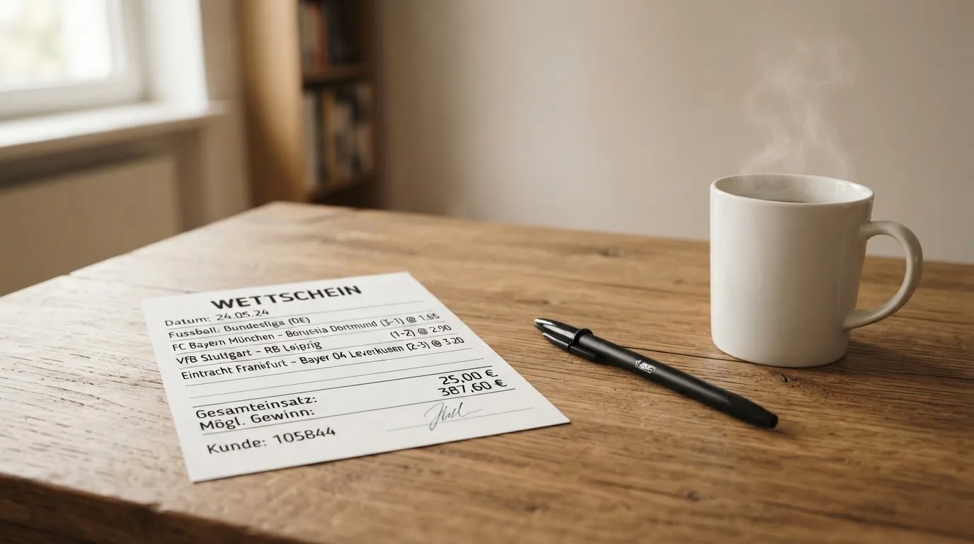 Ein leerer Wettschein aus Papier und ein Kugelschreiber liegen auf einem Schreibtisch neben einer Tasse Kaffee im Tageslicht.