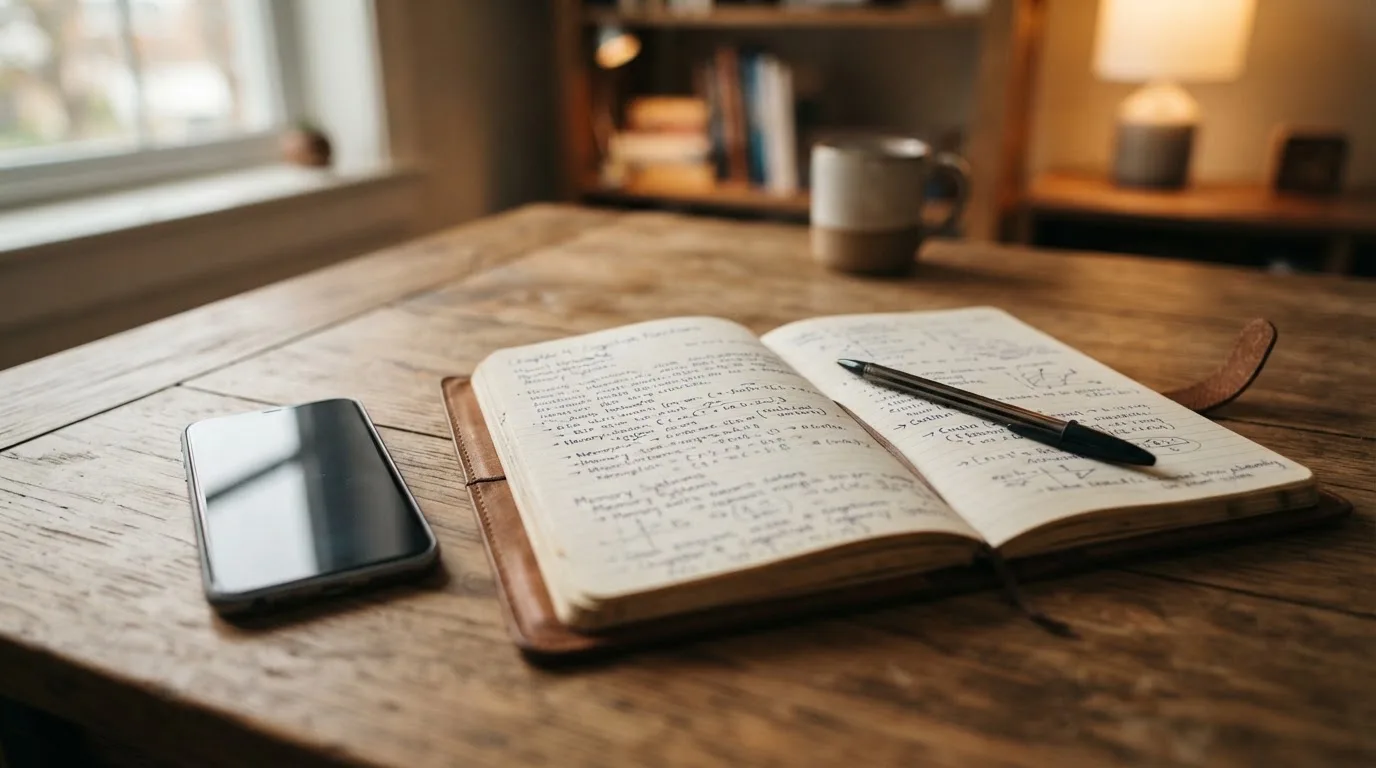 Ein Notizbuch mit handschriftlichen Notizen und ein Stift liegen auf einem Holztisch neben einem Smartphone mit dunklem Bildschirm.