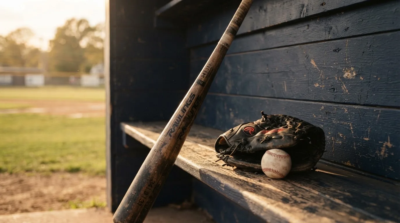 Ein Baseballschläger lehnt an einer Bank im Dugout, daneben liegen ein Handschuh und ein Ball im Licht der Nachmittagssonne.