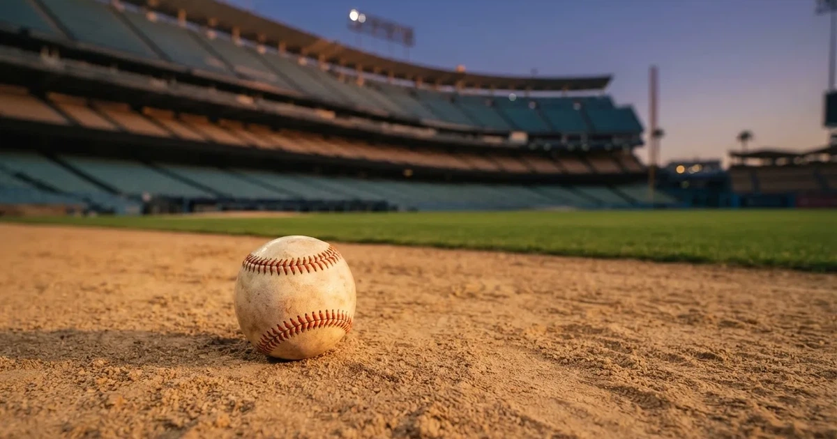 Ein Baseball liegt auf dem hellen Sand des Infields, im Hintergrund eine große Tribüne in der Abenddämmerung.
