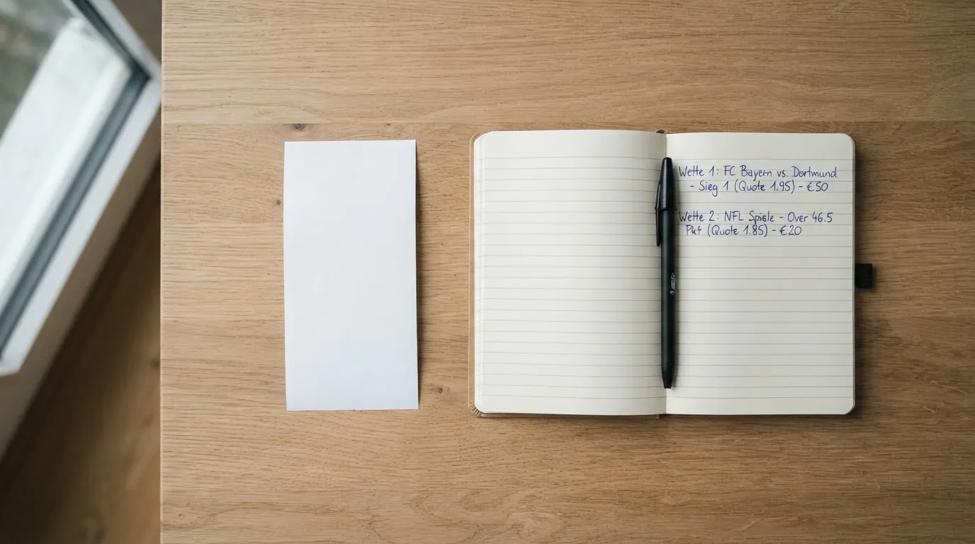 Ein leerer Wettschein aus Papier liegt neben einem Notizbuch und einem Stift auf einem aufgeräumten Schreibtisch.