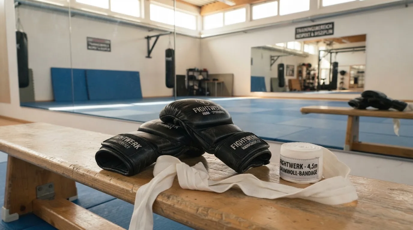 Ein Paar Kampfhandschuhe und eine Bandage liegen auf einer Holzbank in einem Trainingsraum mit Spiegelwand.