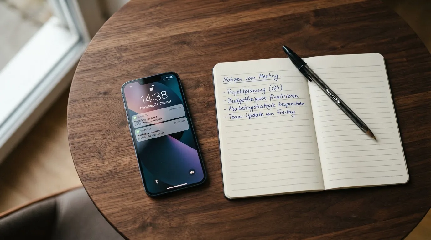 Ein Smartphone mit dunklem Display liegt neben einem Notizbuch und einem Kugelschreiber auf einem Tisch.