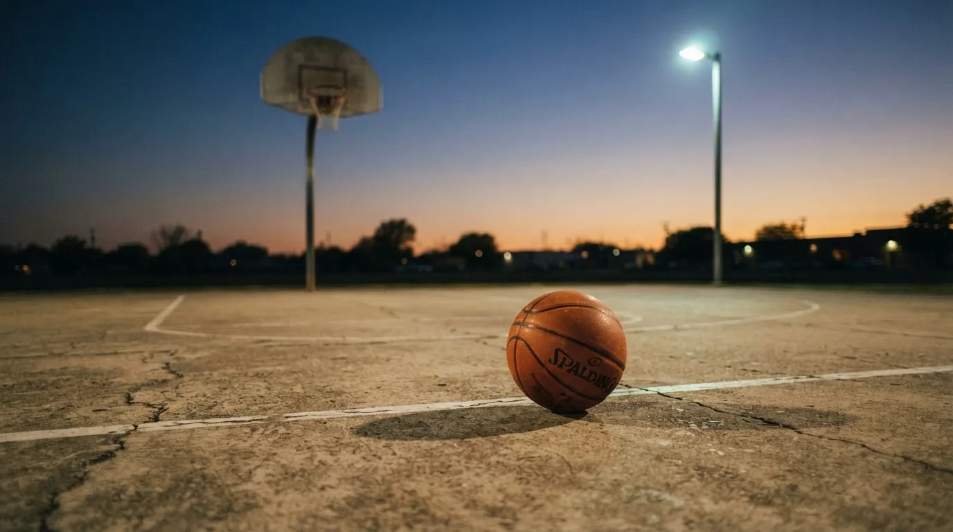 Ein Basketball rollt auf einem Freiluftplatz in der Abenddämmerung zu einem Korb, die Straßenlaternen leuchten bereits.