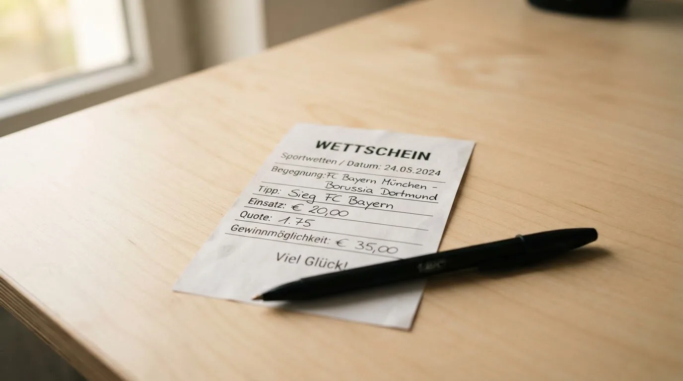 Ein leerer Wettschein aus Papier liegt neben einem Kugelschreiber auf einem Schreibtisch im Tageslicht.