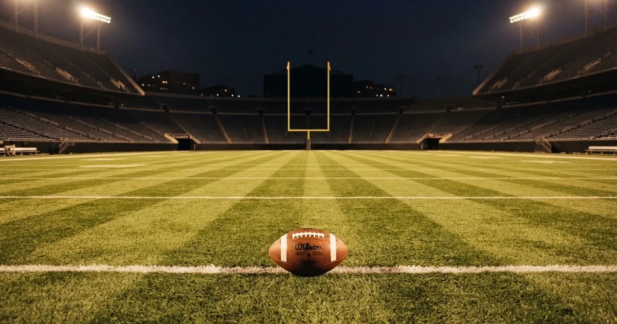 Ein American Football liegt auf dem Rasen eines leeren Stadions unter Flutlicht, die Torstangen ragen im Hintergrund auf.