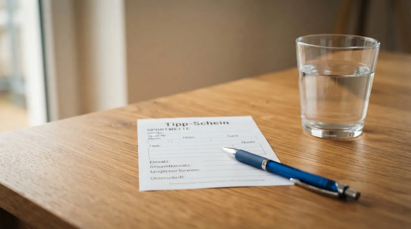 Ein leerer Wettschein aus Papier liegt neben einem Stift auf einem Tisch, daneben ein Glas Wasser.