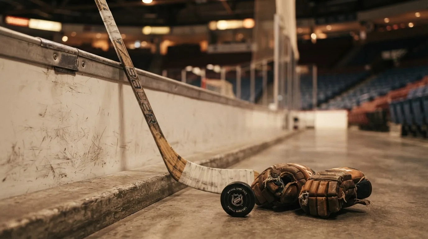 Ein Eishockeyschläger lehnt an einer Bande, daneben liegen ein Puck und ein Paar Handschuhe in einer Eishalle.