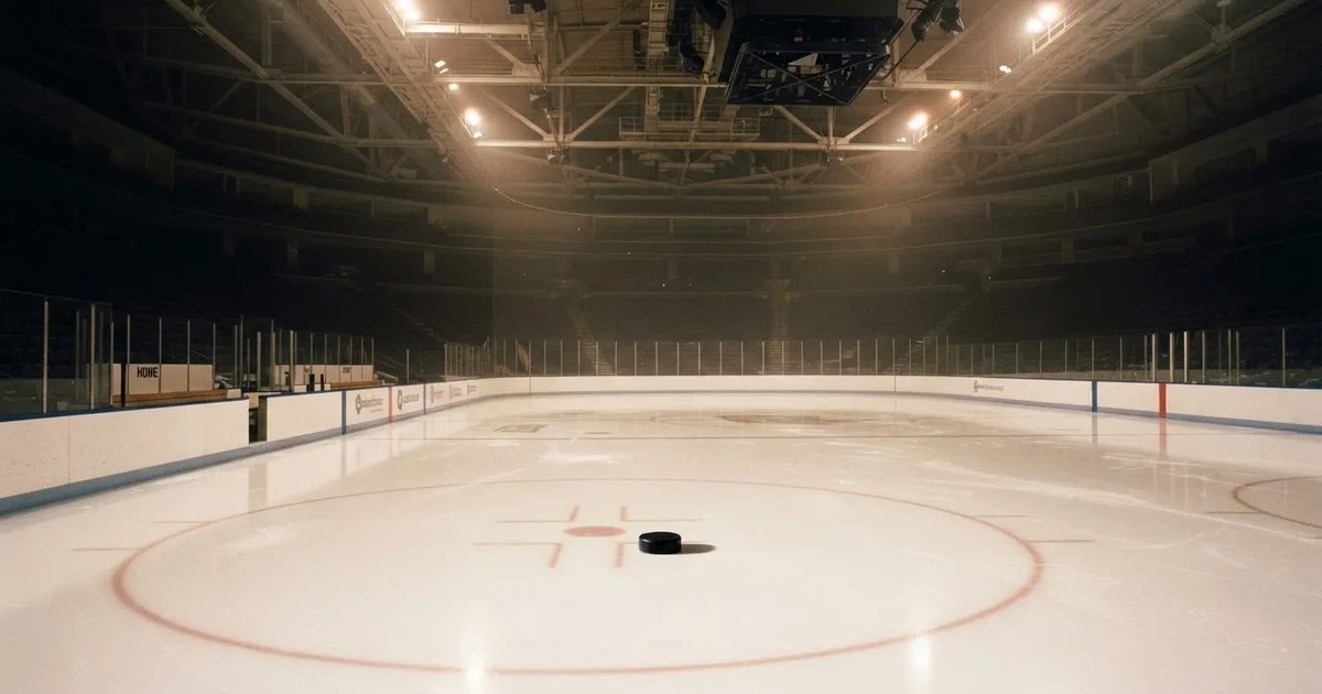 Eine leere Eisfläche in einer Halle mit Banden und Flutlicht, auf dem Eis liegt ein einzelner Puck.