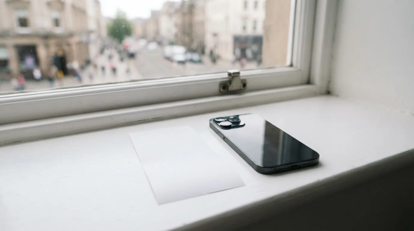 Ein leerer Wettschein aus Papier und ein Smartphone mit dunklem Display liegen auf einer Fensterbank im Tageslicht.