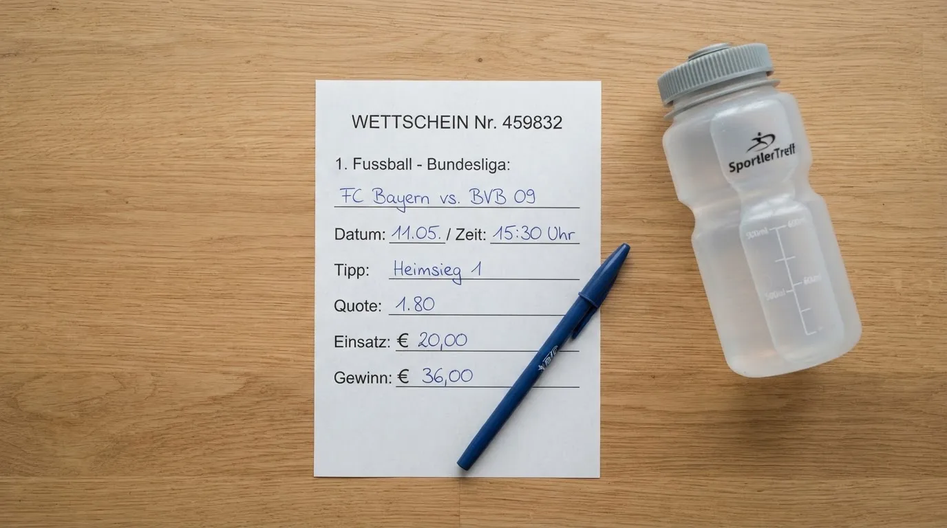Ein leerer Wettschein aus Papier liegt neben einer Trinkflasche und einem Stift auf einem Tisch.