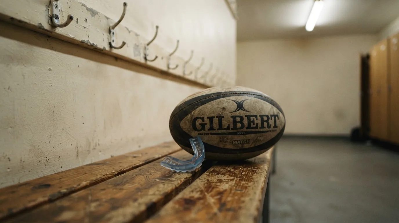 Ein Rugbyball und ein Mundschutz liegen auf einer Holzbank neben einer Reihe Kleiderhaken in einer Umkleide.