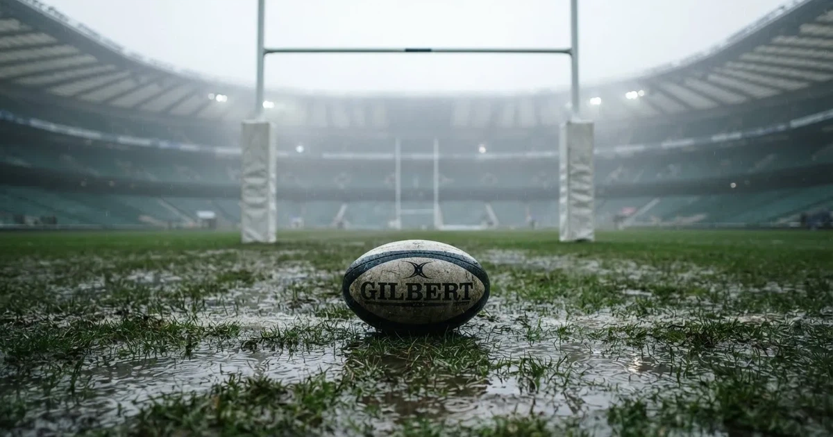 Ein ovaler Rugbyball liegt vor den hohen Torstangen auf nassem Rasen, über dem Stadion zieht Nebel auf.