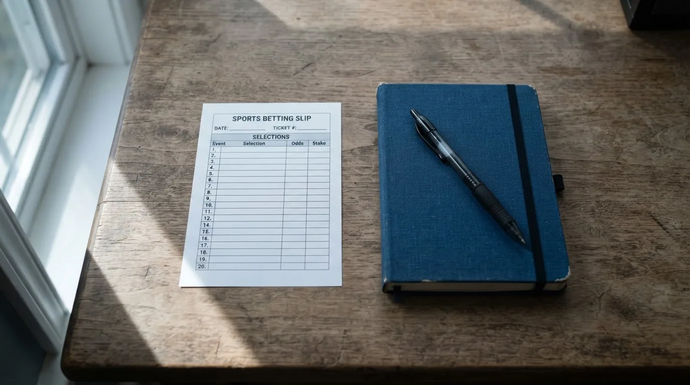 Ein leerer Wettschein aus Papier liegt neben einem Notizbuch und einem Stift auf einem Schreibtisch am Fenster.