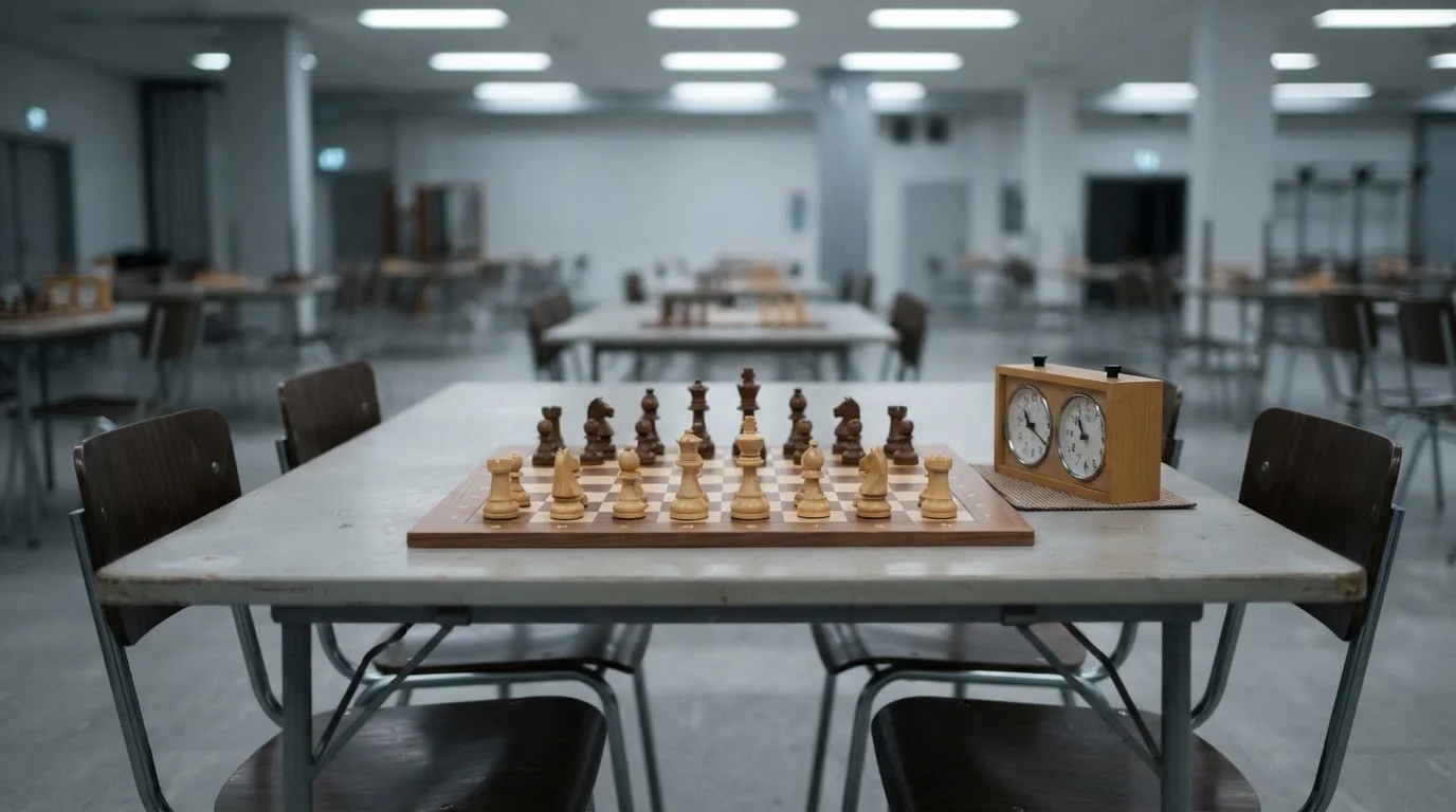 Ein Schachbrett und eine Schachuhr stehen auf einem Tisch in einem leeren Turniersaal, die Stühle sind ordentlich zurückgeschoben.
