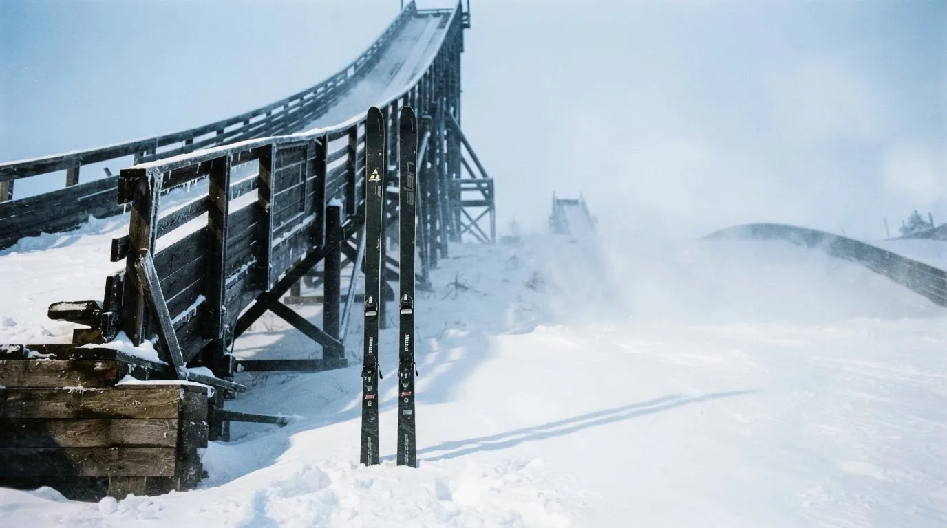 Ein Paar Skier steckt aufrecht im Schnee neben einem Anlaufturm, im Hintergrund wirbelt feiner Schnee im Wind.