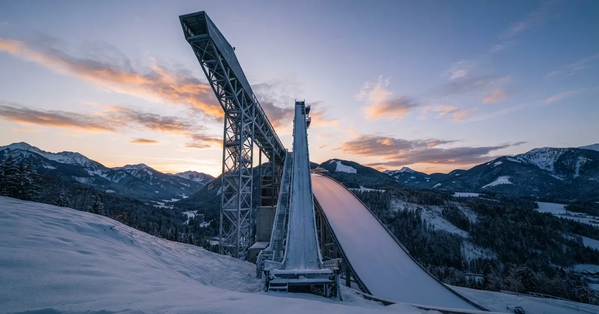 Eine Skisprungschanze im Schnee, von unten gesehen, vor einem klaren Winterhimmel in der Dämmerung, ohne Menschen.