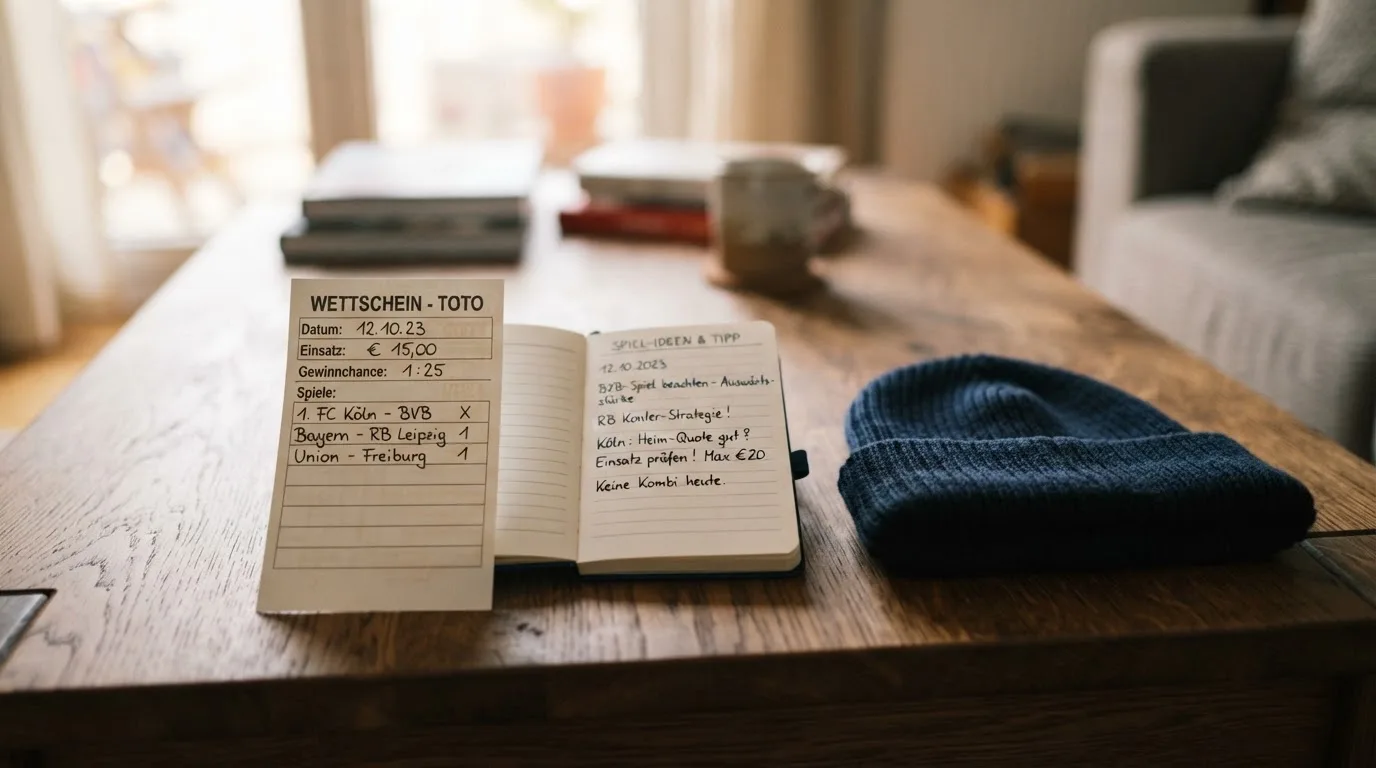 Ein leerer Wettschein aus Papier und ein Notizbuch liegen neben einer Wollmütze auf einem Holztisch.