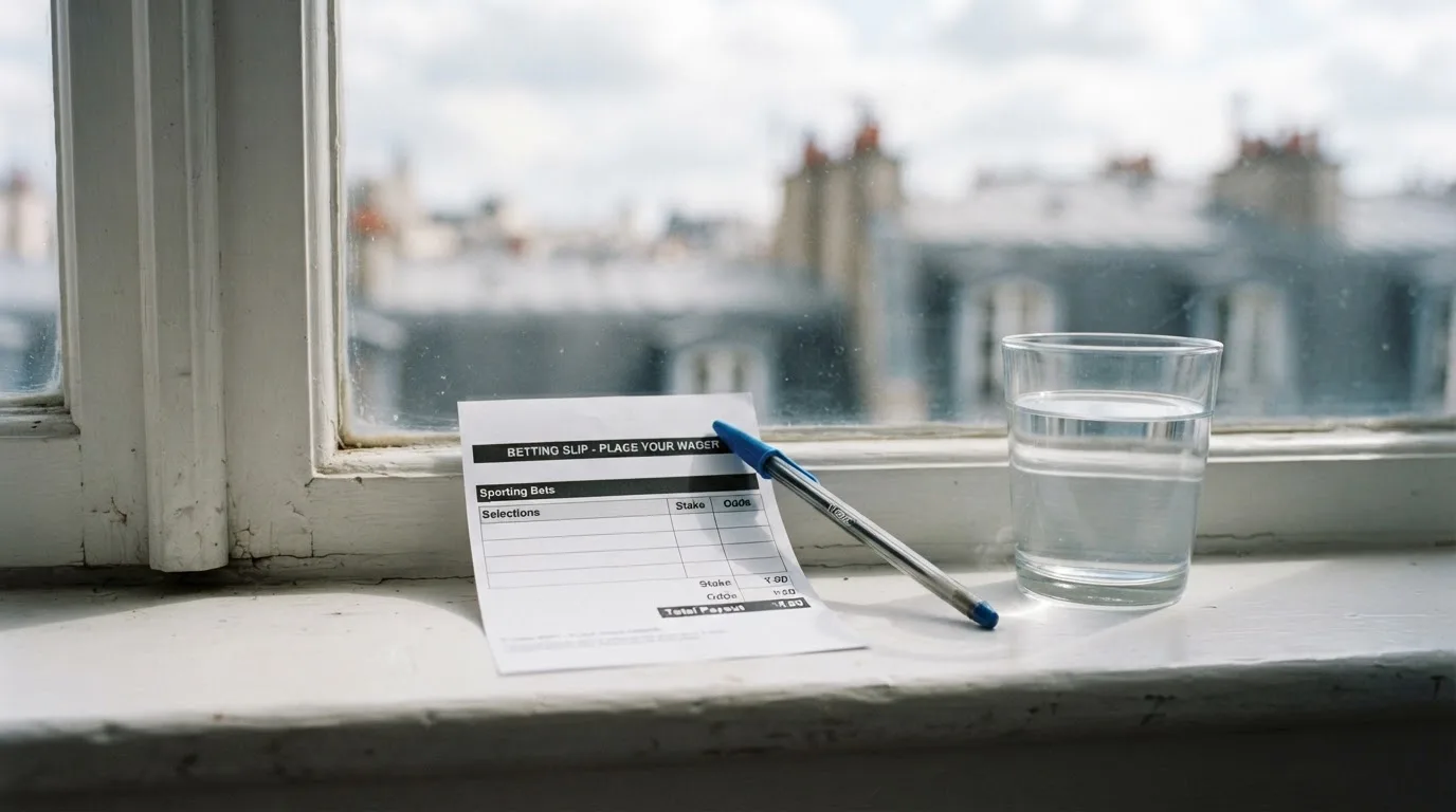 Ein leerer Wettschein aus Papier und ein Kugelschreiber liegen neben einem Glas Wasser auf einer Fensterbank.