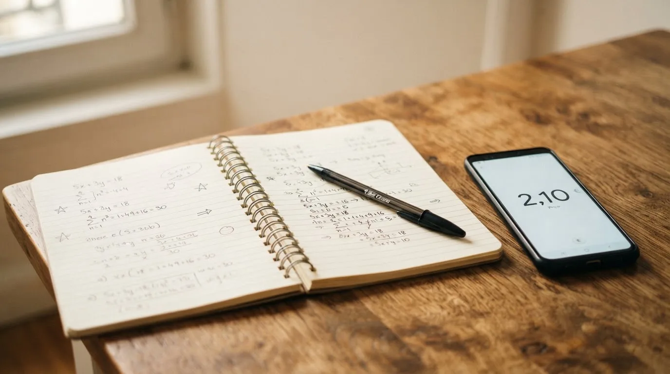 Ein aufgeschlagenes Notizbuch mit handschriftlichen Rechnungen liegt neben Stift und Smartphone auf einem Holztisch im Tageslicht.