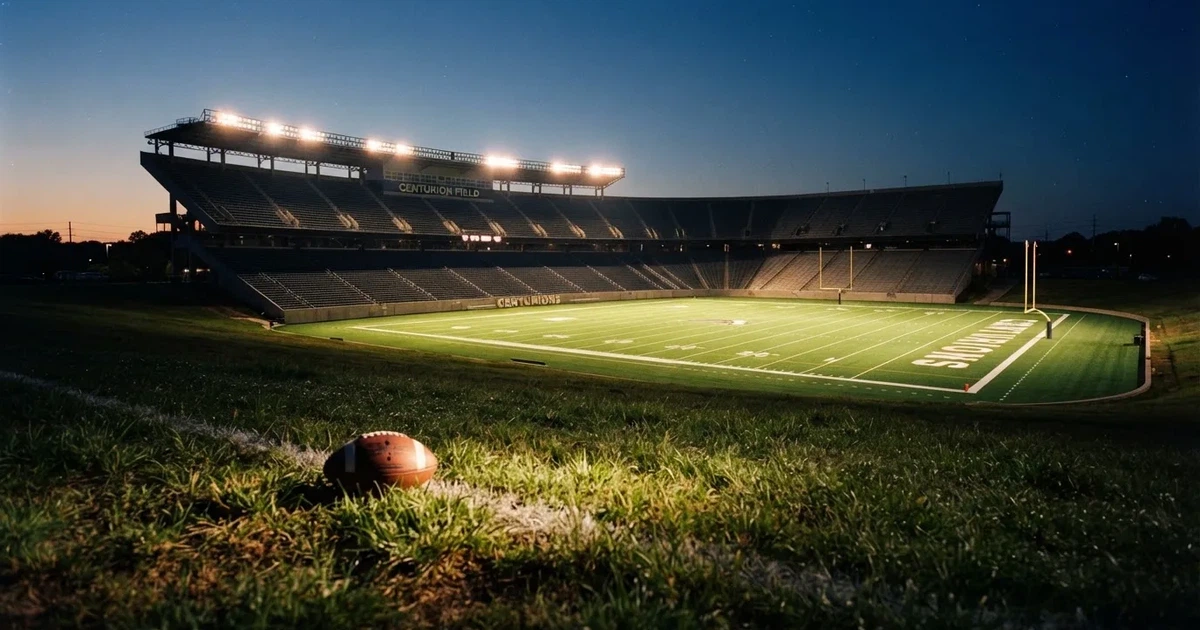 Ein Footballstadion bei Flutlicht aus der Ferne gesehen, davor ein leerer Rasen mit Yard-Linien und ein ovaler Ball am Spielfeldrand.