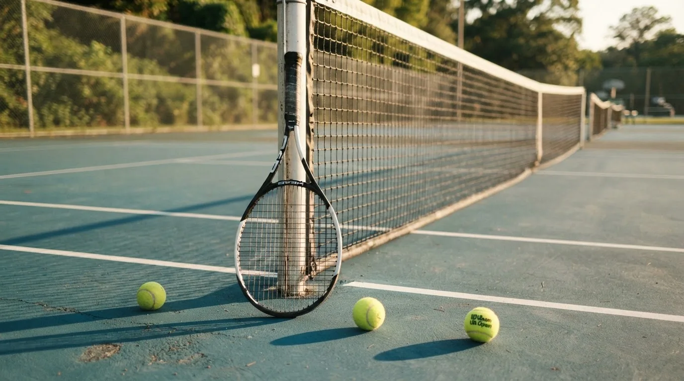 Ein Tennisschläger lehnt an einem Netzpfosten, daneben liegen drei Bälle auf einem Hartplatz in warmem Nachmittagslicht.