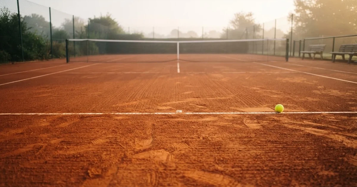 Ein Sandplatz am frühen Morgen mit frisch gezogenen Linien, einem Netz in der Mitte und einem gelben Ball auf der Grundlinie.