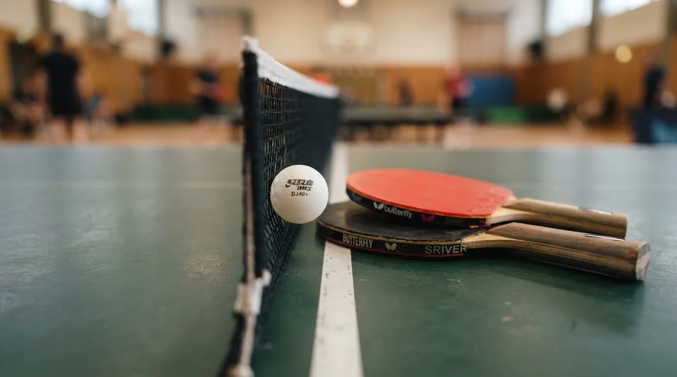 Ein weißer Ball liegt in Nahaufnahme auf der Netzkante einer Tischtennisplatte, daneben zwei Holzschläger mit rotem und schwarzem Belag.