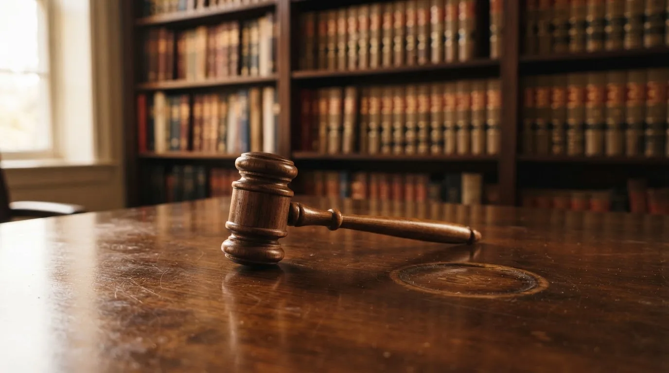 Ein Richterhammer aus Holz liegt auf einer polierten Tischplatte, dahinter eine unscharfe Bücherwand.