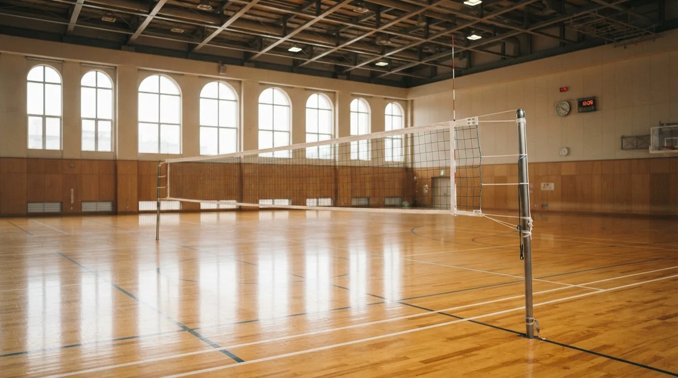 Eine leere Sporthalle mit gespanntem Volleyballnetz und glänzendem Parkett, durch hohe Fenster fällt Tageslicht.