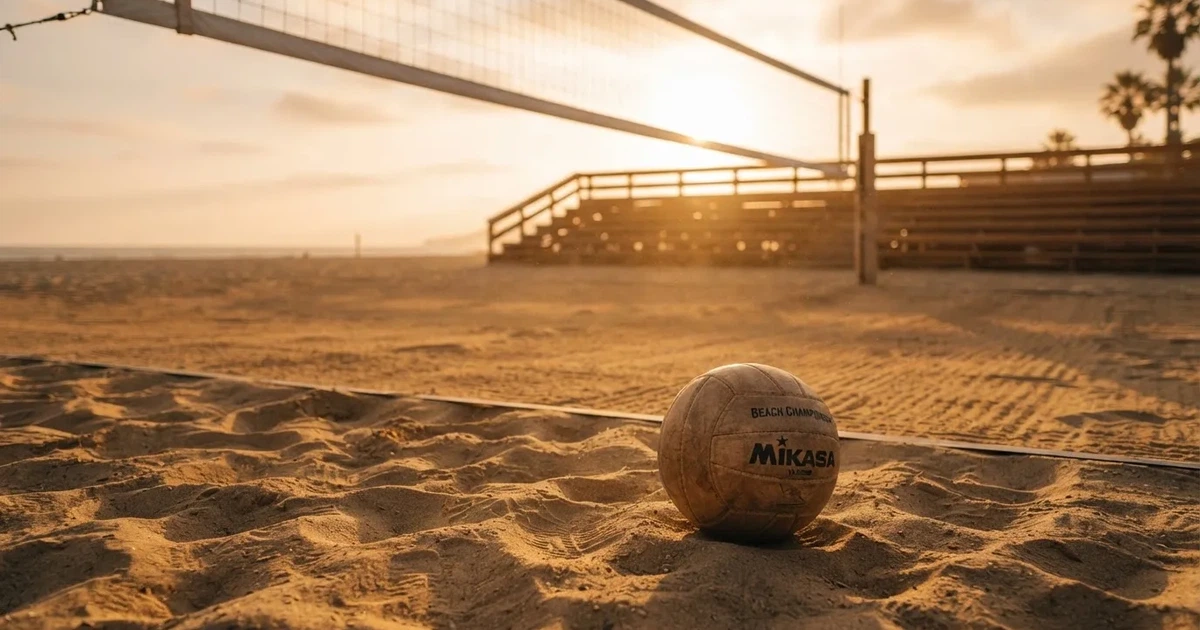 Ein Volleyball liegt auf dem Sand eines Beachvolleyball-Feldes neben dem gespannten Netz, im Hintergrund eine leere Tribüne bei Abendlicht.