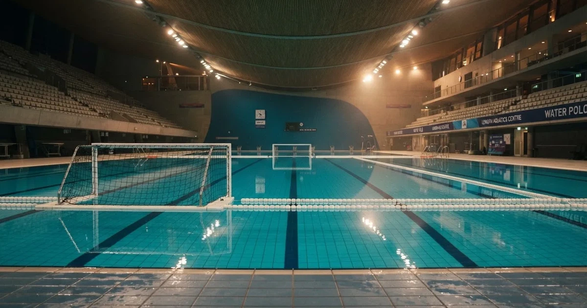 Ein Schwimmbecken mit türkisfarbenem Wasser und zwei schwimmenden Torrahmen am gegenüberliegenden Beckenrand, menschenleer unter Hallenlicht.