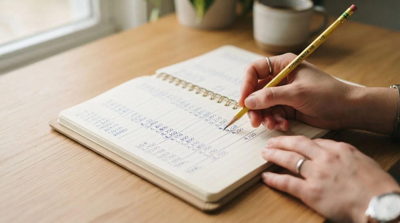 Ein Notizbuch mit handschriftlichen Spalten und einem Bleistift liegt auf einem Schreibtisch neben einem Taschenrechner.