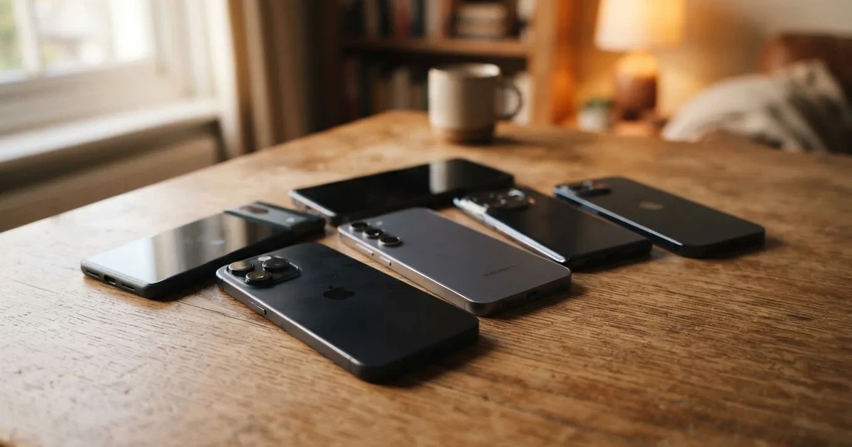 Mehrere Smartphones unterschiedlicher Größe liegen nebeneinander auf einem Holztisch, die Bildschirme sind dunkel.
