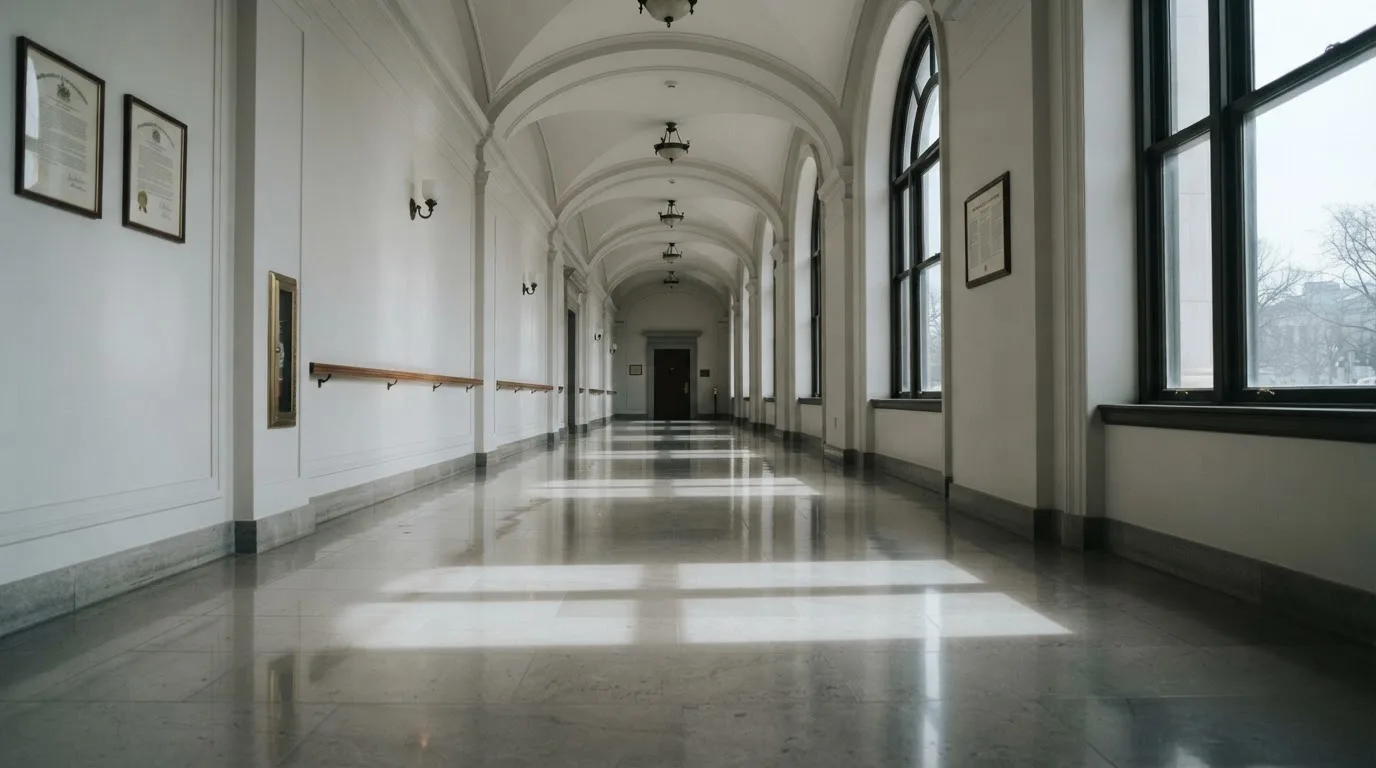 Ein leerer Amtsflur mit hohen Fenstern und glänzendem Steinboden, durch die Fenster fällt das Licht eines Vormittags.