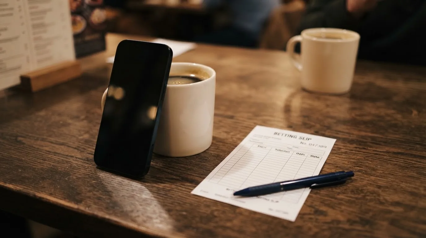 Ein Smartphone mit dunklem Bildschirm lehnt an einer Kaffeetasse auf einem Holztisch, daneben ein blanker Papier-Wettschein.