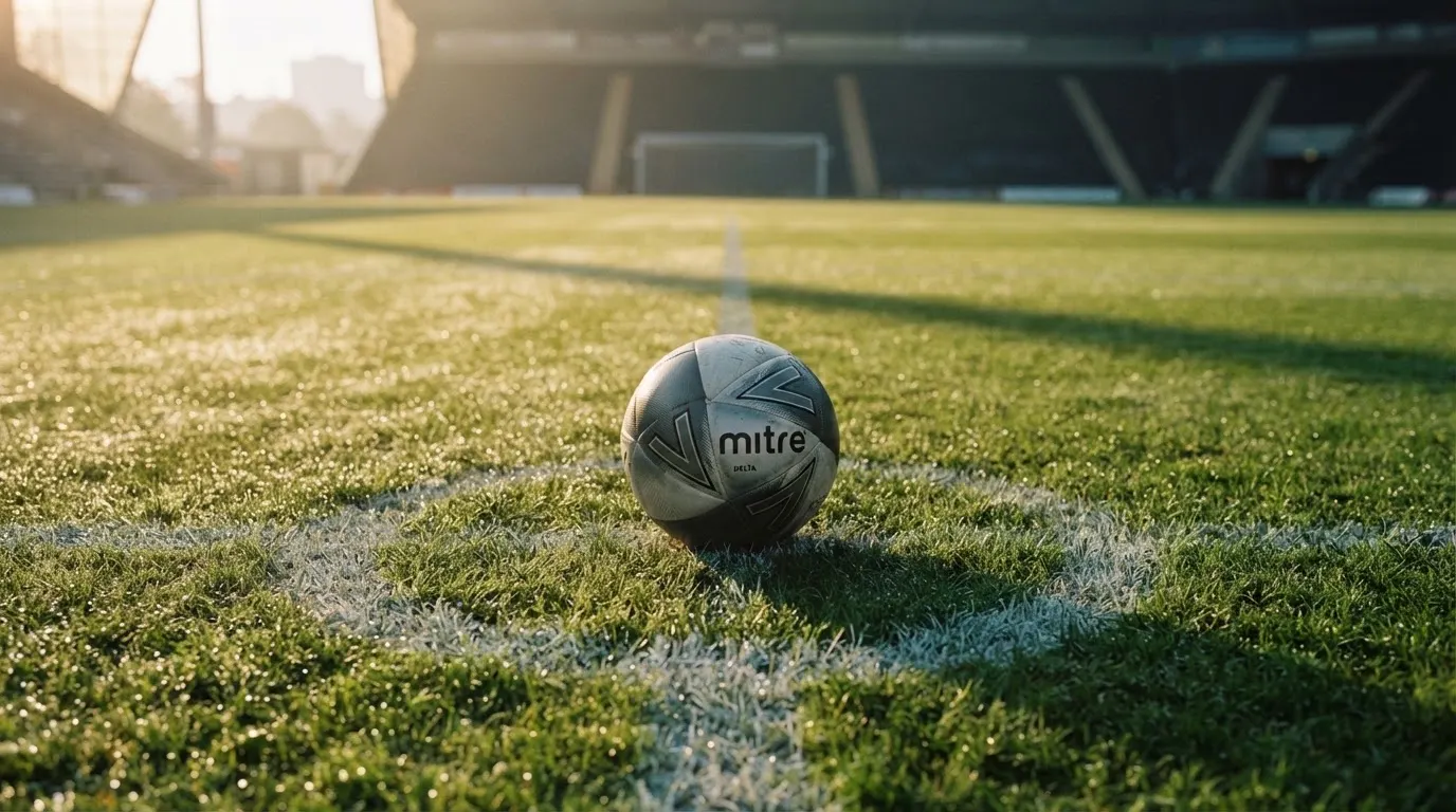 Ein Fußball liegt auf dem Anstoßpunkt eines Rasenplatzes im ersten Morgenlicht, Tau glänzt auf dem Gras.