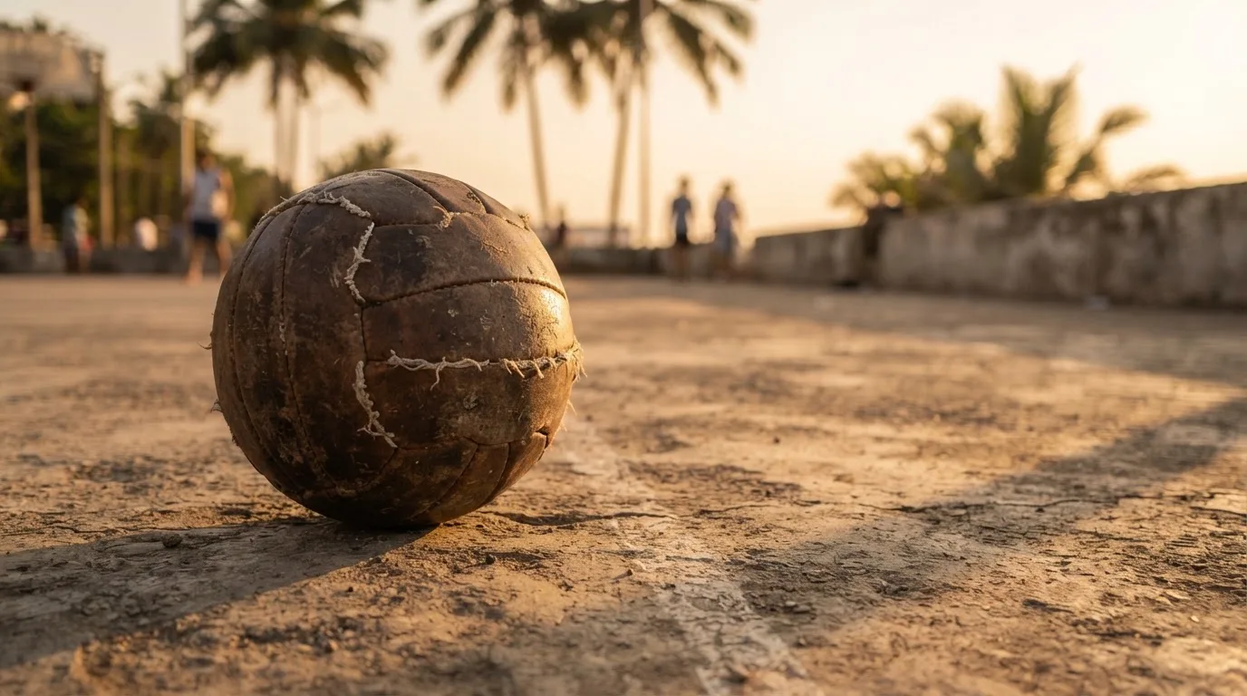 Ein Fußball liegt auf einem staubigen Bolzplatz mit Palmen im Hintergrund in warmem Abendlicht.