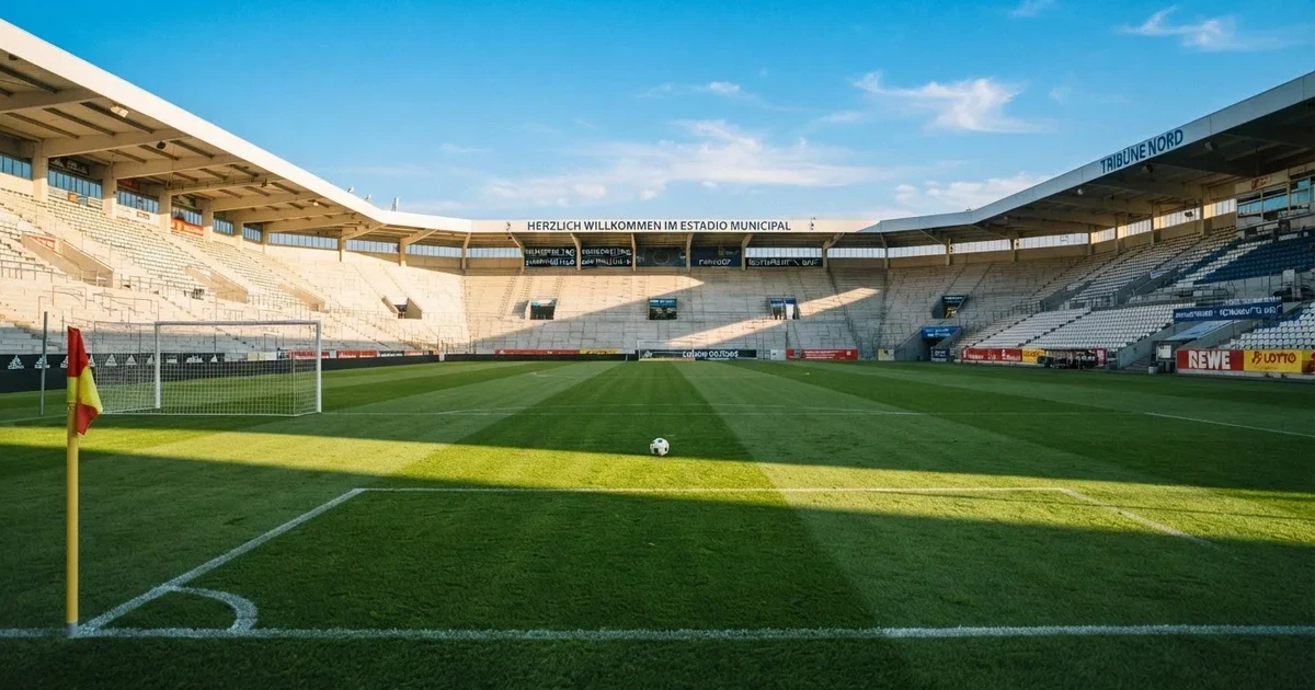 Ein Fußballstadion mit hellen Rängen unter strahlend blauem Himmel, davor ein sonnenbeschienener Rasen mit frisch gemähten Streifen.